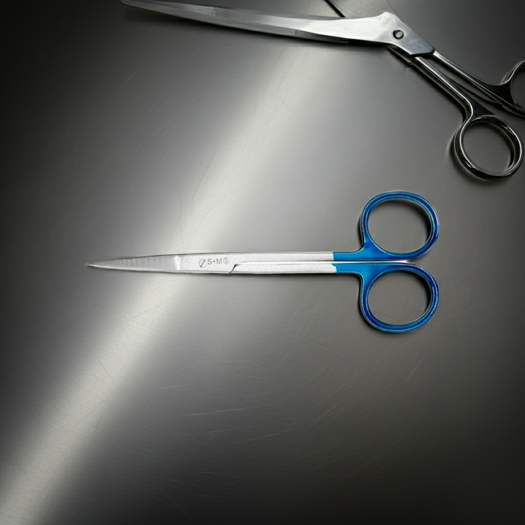 Two pairs of scissors, one with blue handles and the other with black handles, on a reflective surface.
