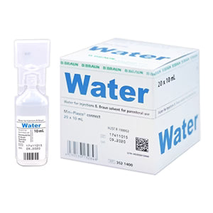 Box of sterile water for injection with an ampule labeled 'Water' on a white background