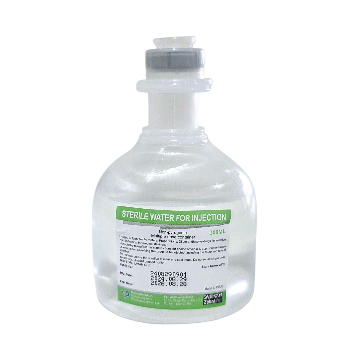 Bottle of sterile water for injection on a white background