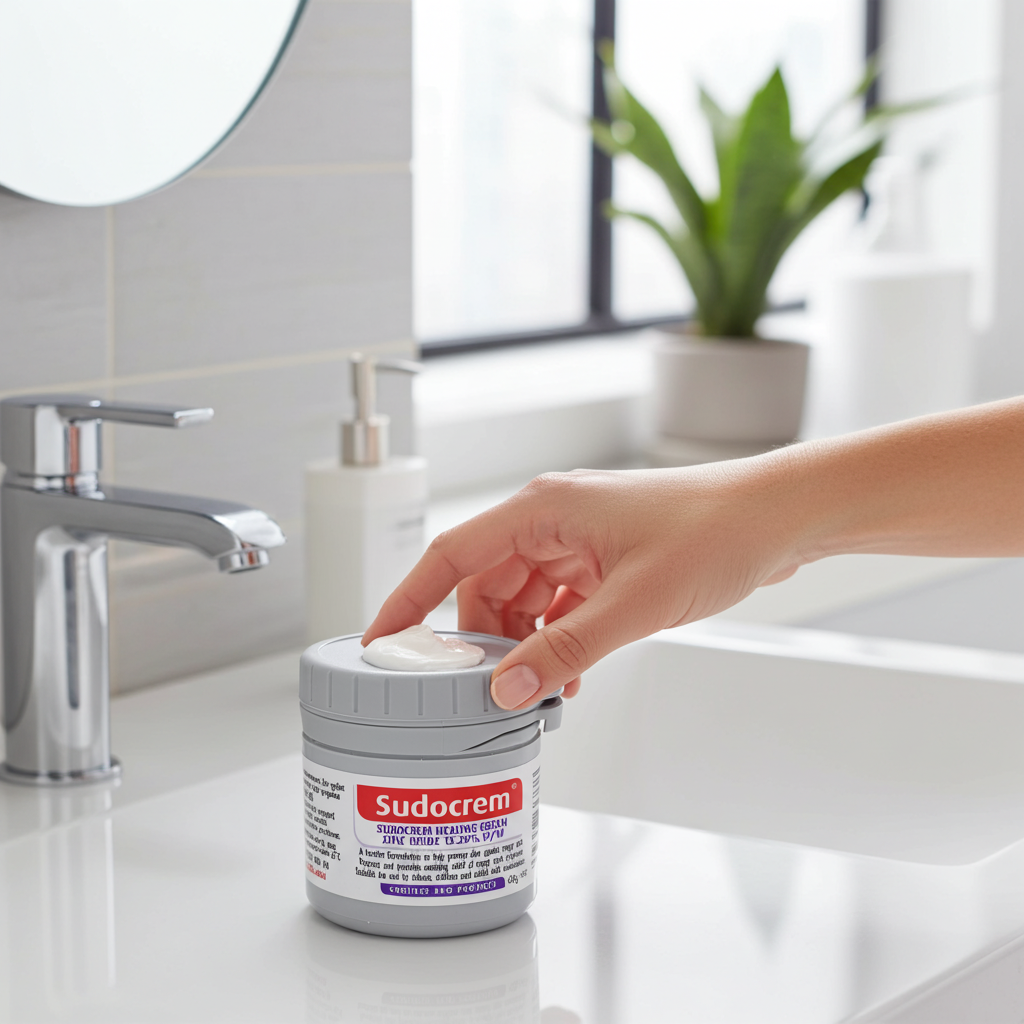 Person opening a jar of Sudocrem on a bathroom counter.