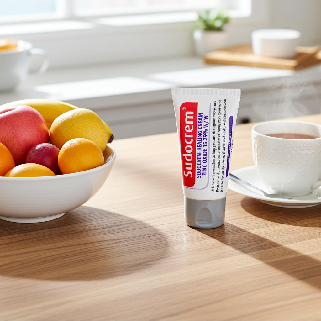 Sudocrem tube on a table with fruit and a cup of tea