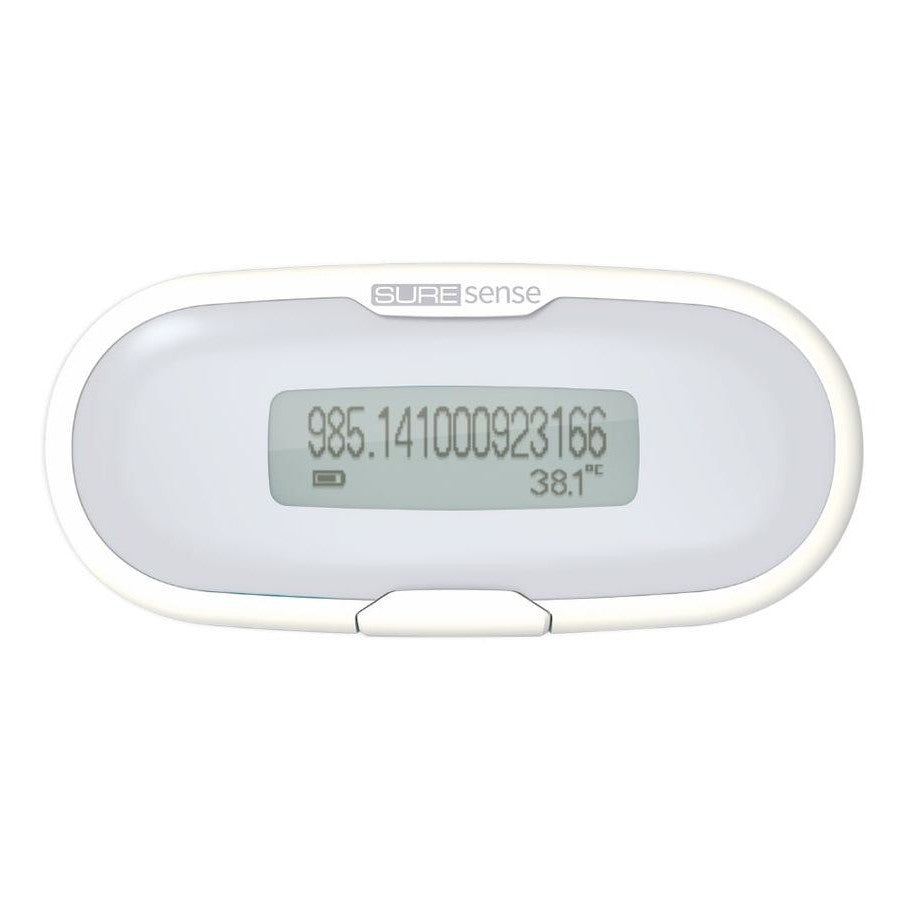 A white suresense microchip reader with LCD screen displaying temperature and a serial number.