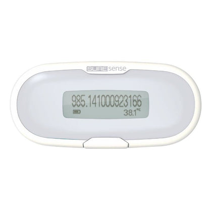 A white suresense microchip reader with LCD screen displaying temperature and a serial number.