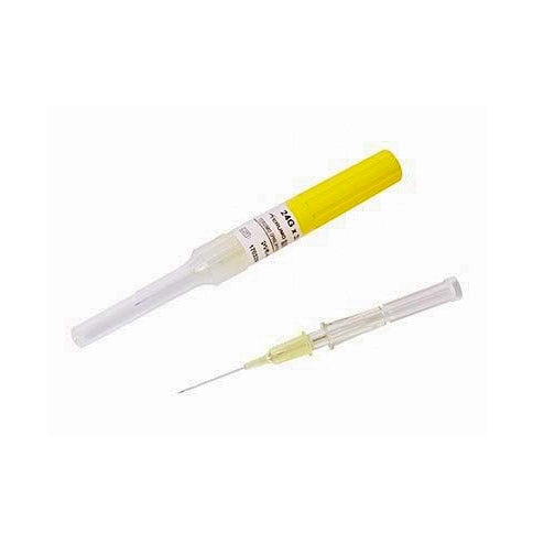 Yellow Surflo Catheter on a white background