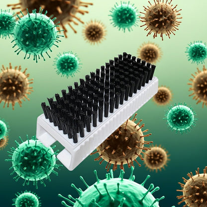 A white surgical scrub brush with black bristles on a white handle against a background of virus illustrations.