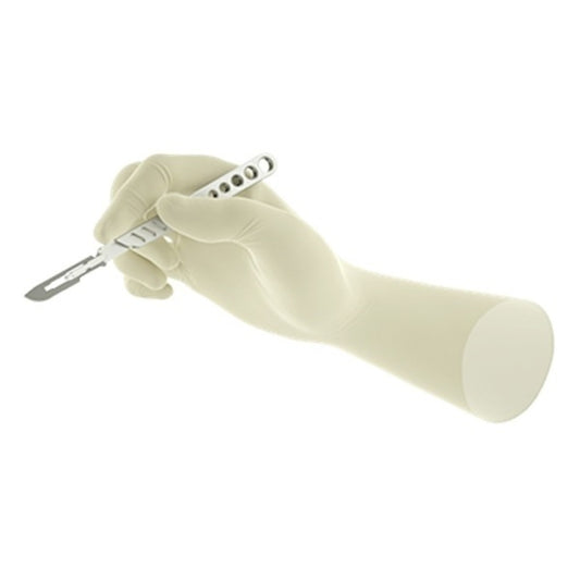 Hand wearing a surgical glove holding a small tool on a white background