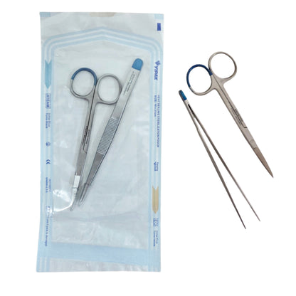 Set of surgical scissors and forceps for suture removal with packaging on a white background