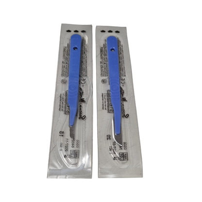 Two sterile disposable Swann Moreton Scalpels with blue handles, packaged in clear plastic sleeves.