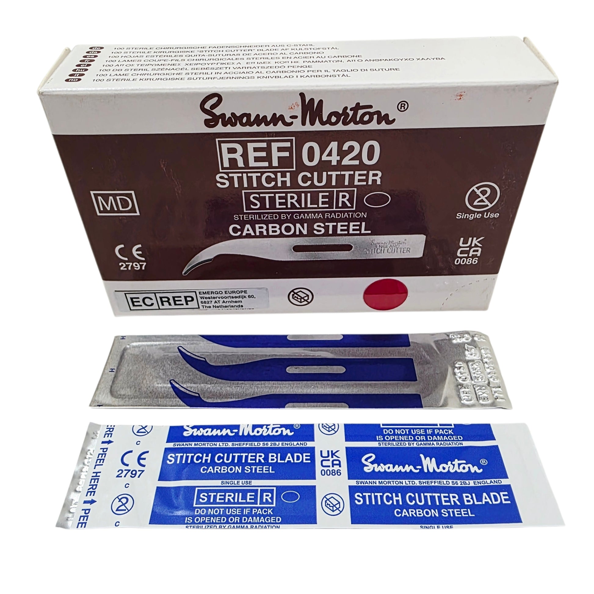 Swann-Morton stitch cutter and blade packaging on a white background
