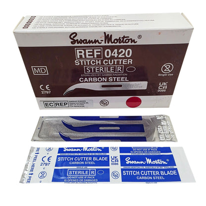 Swann-Morton stitch cutter and blade packaging on a white background