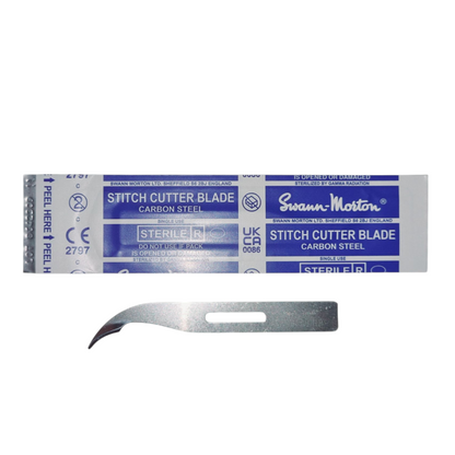 Swann Morton sterile stitch cutter blade in packaging, with the blade visible in front of the package.