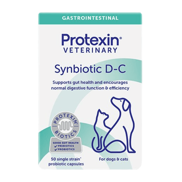 Protexin Veterinary Synbiotic D-C packaging for dogs and cats on a white background