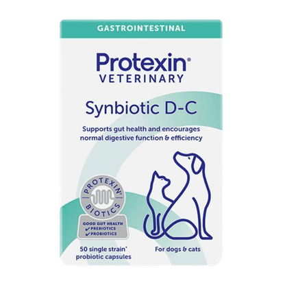 Protexin Veterinary Synbiotic D-C packaging for dogs and cats on a white background