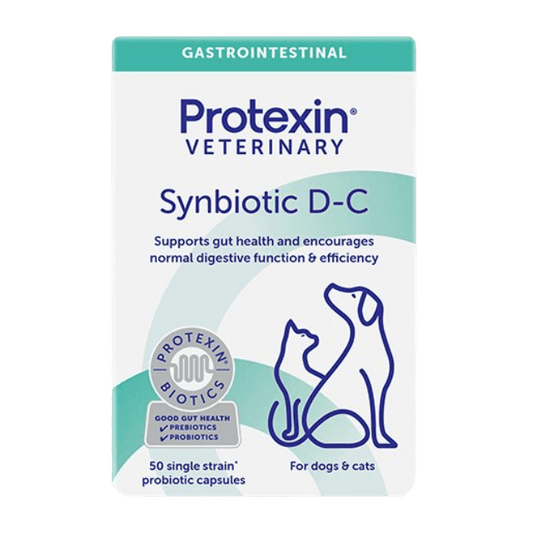 Protexin Veterinary Synbiotic D-C packaging for dogs and cats on a white background
