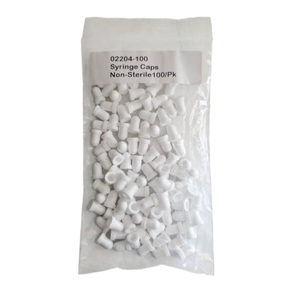 Bag of 100 white syringe caps labeled '02204-100 Syringe Caps Non-Sterile 100/Pk on a white background.
