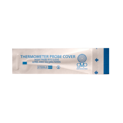 Thermometer probe cover packaging with GMP logo on a white background