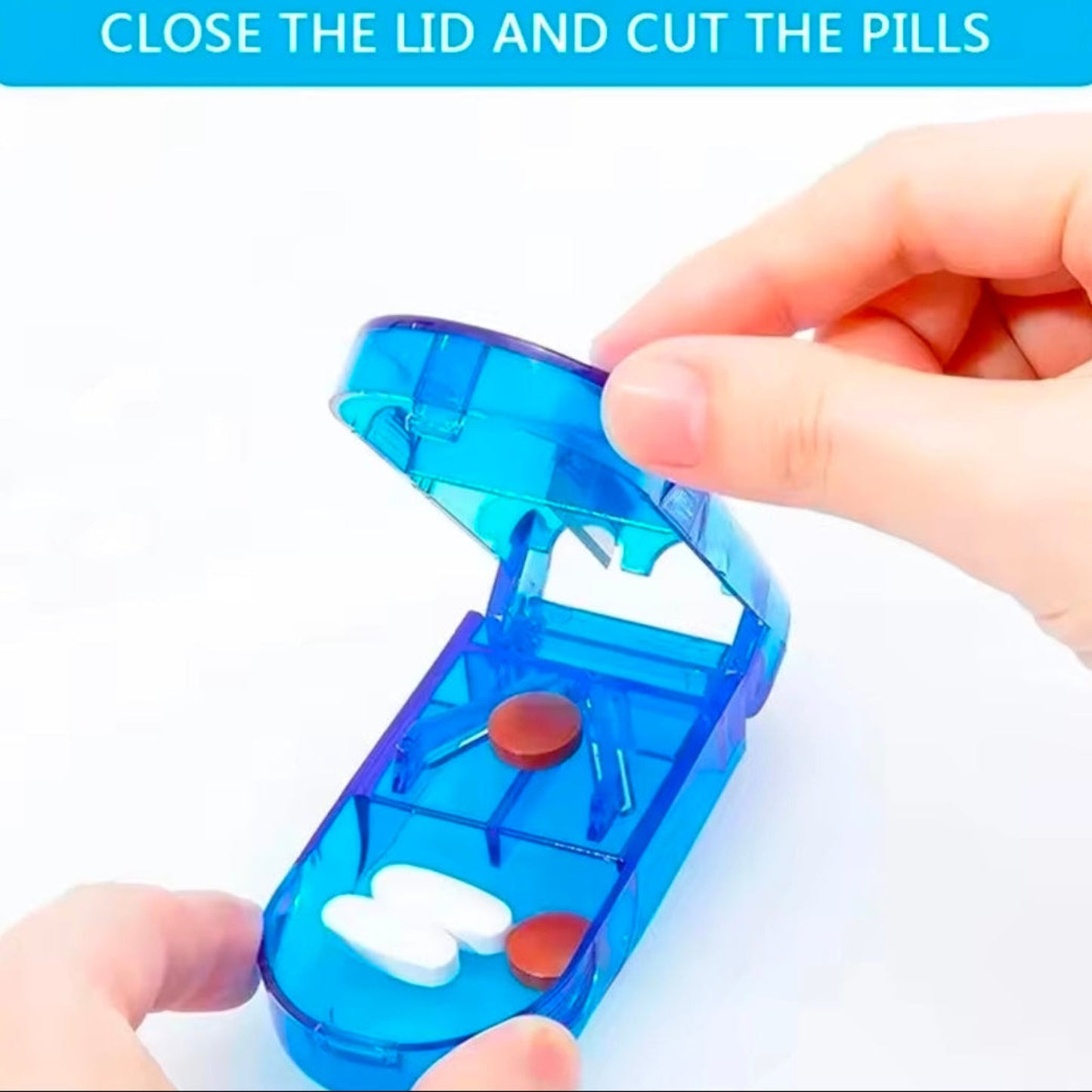Blue tablet cutter with a hand holding it, showing how to close the lid and cut pills.