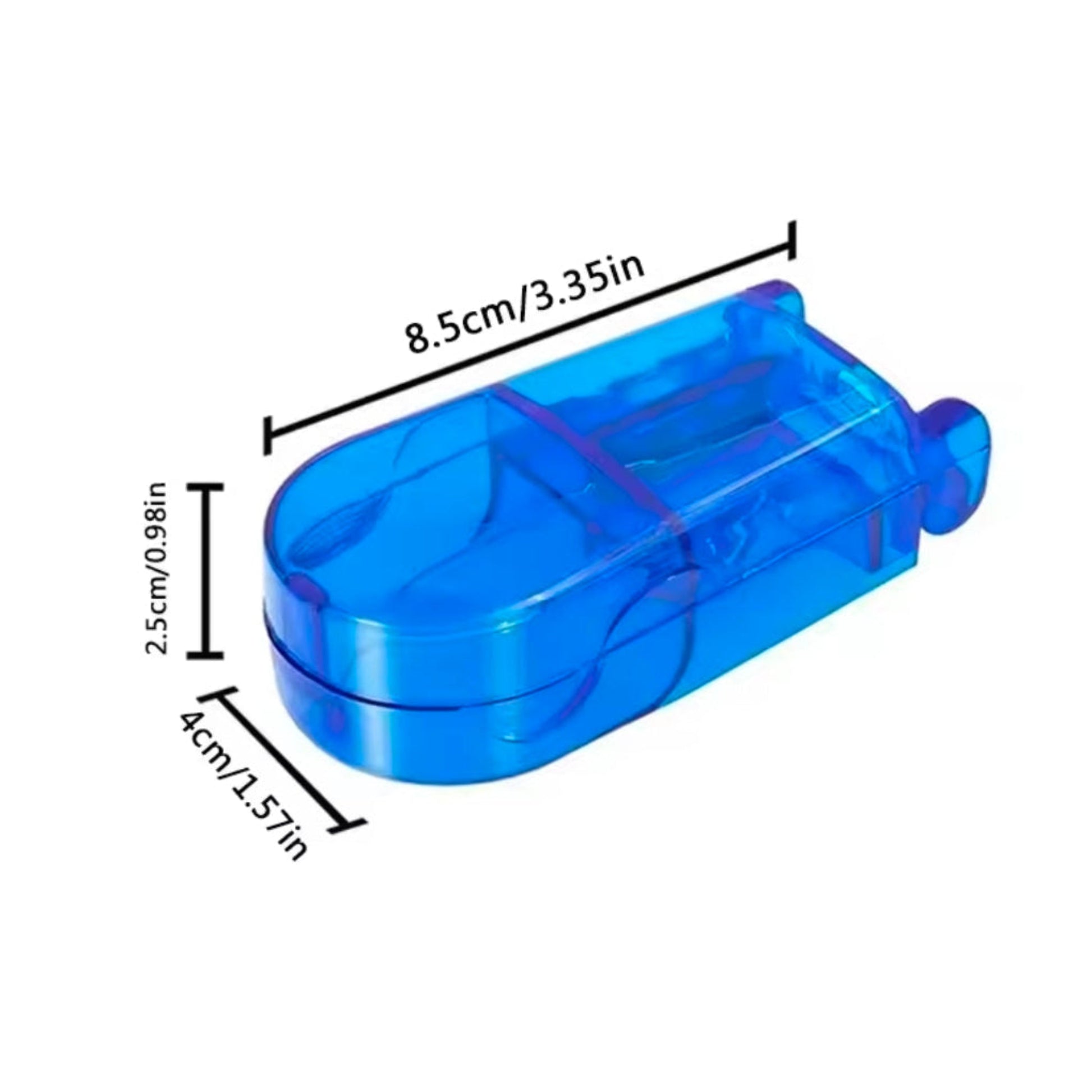 Blue plastic tablet cutter with dimensions labeled on a white background