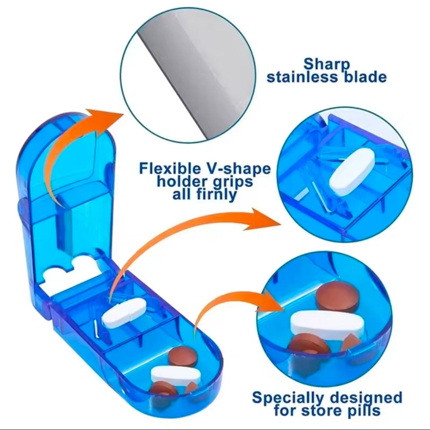 Blue tablet splitter with features highlighted on a white background