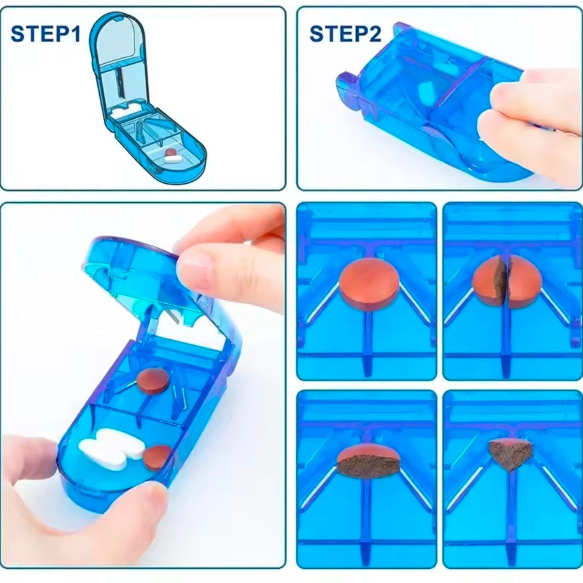 Step-by-step guide on using a blue tablet cutter.