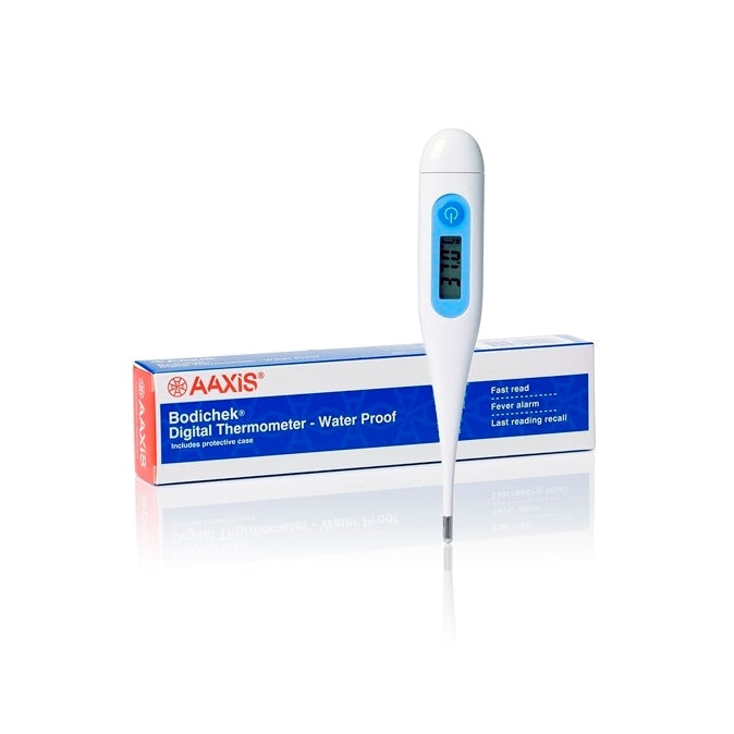 A digital rectal thermometer with a blue digital display, alongside its packaging which states 'Water Proof' and indicates that it complies with ACCC and TGA standards.