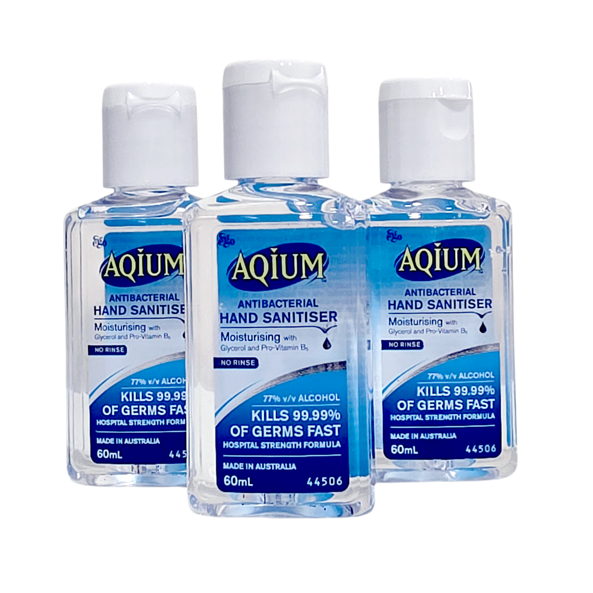 Three bottles of Aquium antibacterial hand sanitiser on a white background