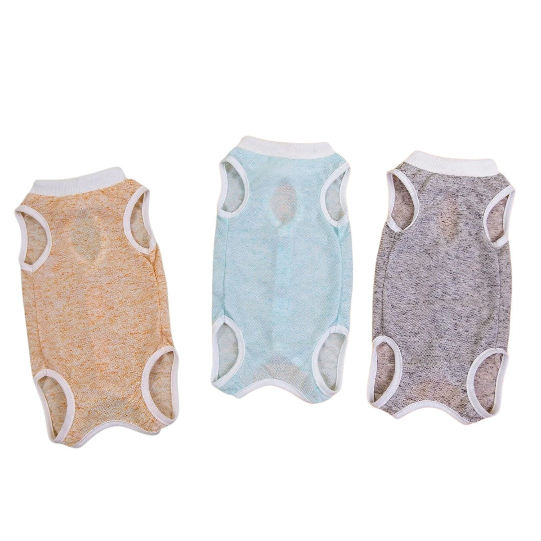 Thr underside of three Button Up Cat Recovery Suits in orange, blue, and gray on a white background