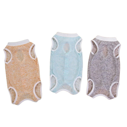 Thr underside of three Button Up Cat Recovery Suits in orange, blue, and gray on a white background