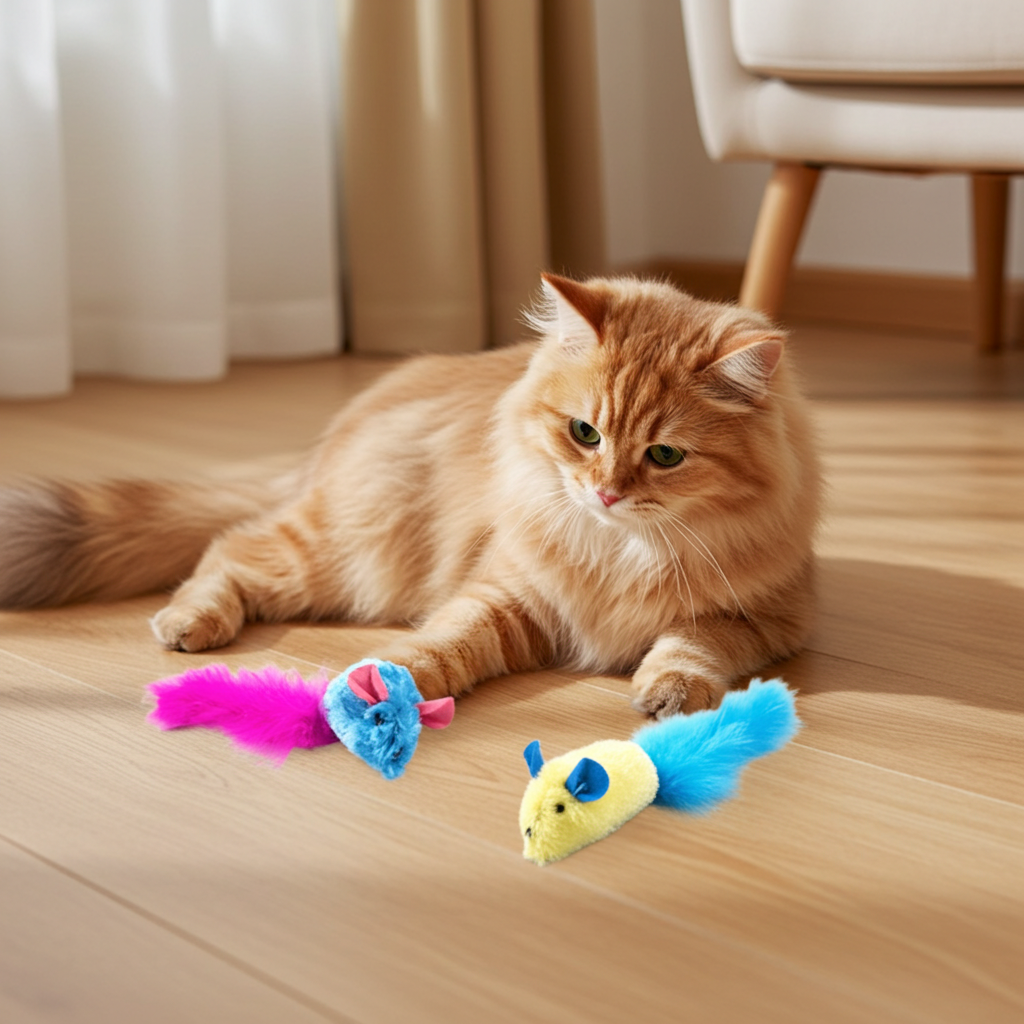 Cat playing with colorful cat toys on a wooden floor