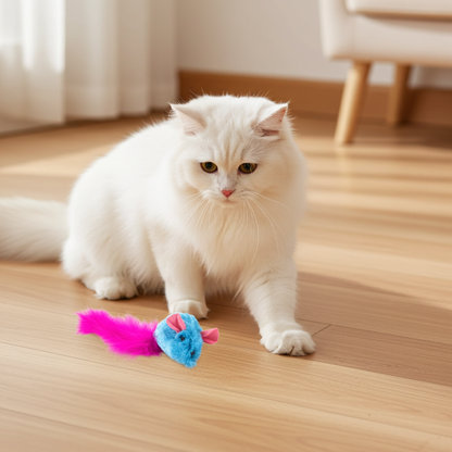 White cat playing with a colorful toy on a wooden floor