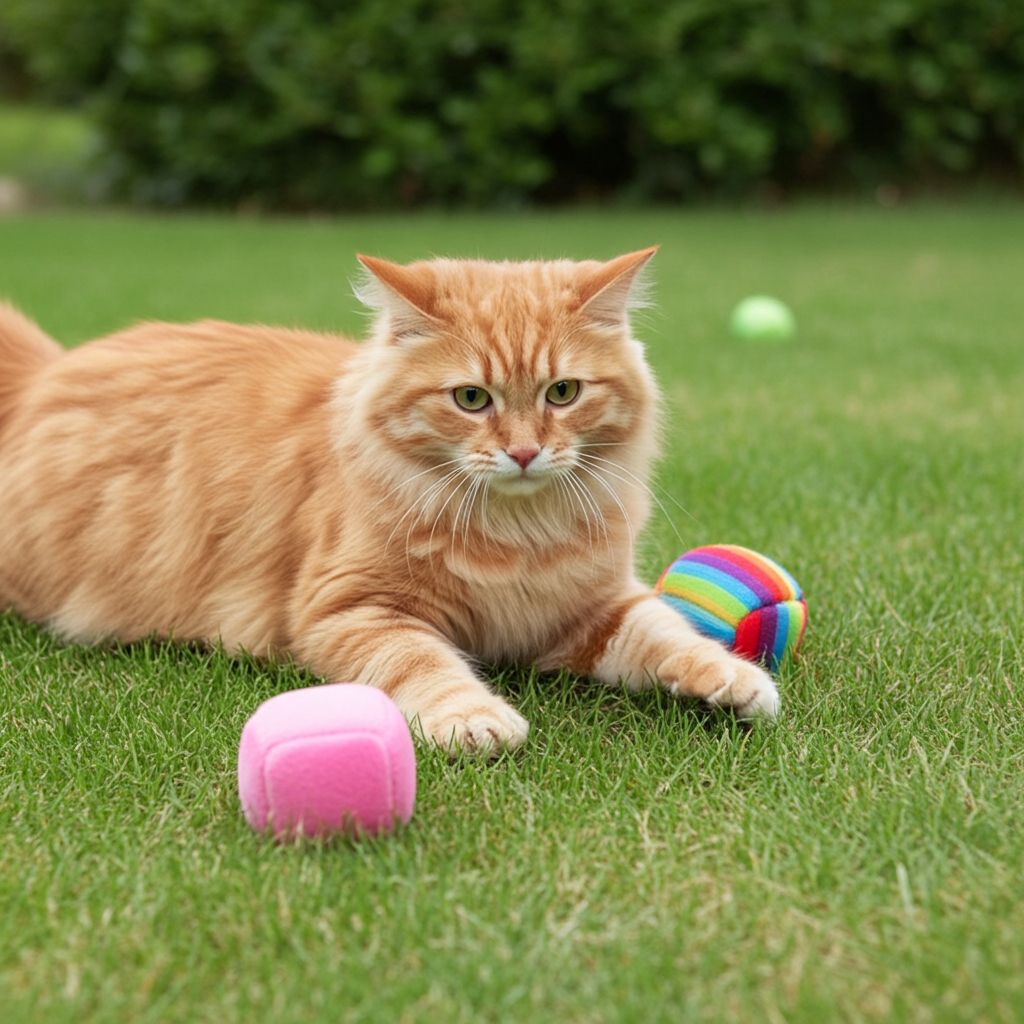 Ginger cat playing with a pink and rainbow Trouble & Trix Hijinx ball on grass