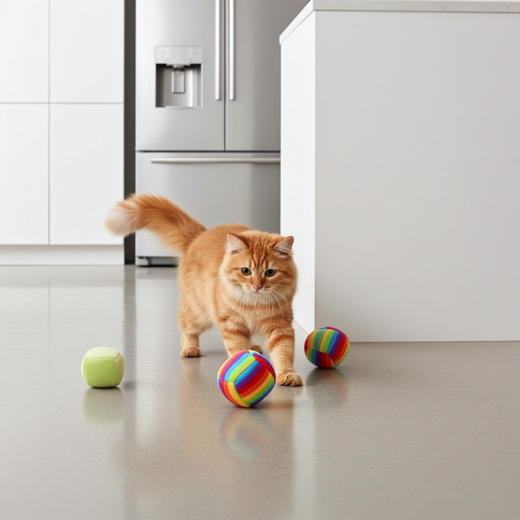 Cat playing with Trouble & Trix Hijinx colorful balls on a kitchen floor