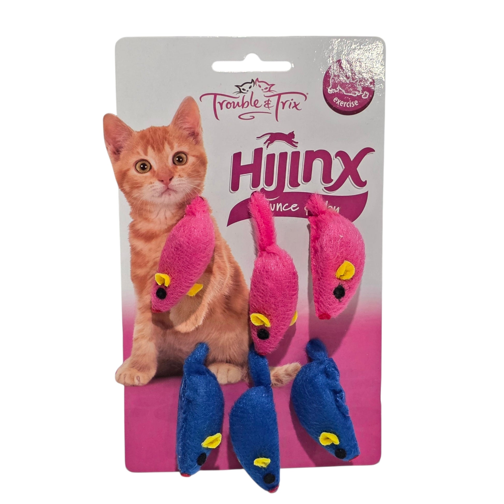 Trouble & Trix Hijinx Mice Cat toy package with a cat on a white background