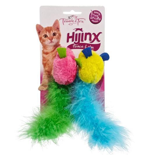 Cat toy with colorful feathers and 'Hijinx' branding on packaging