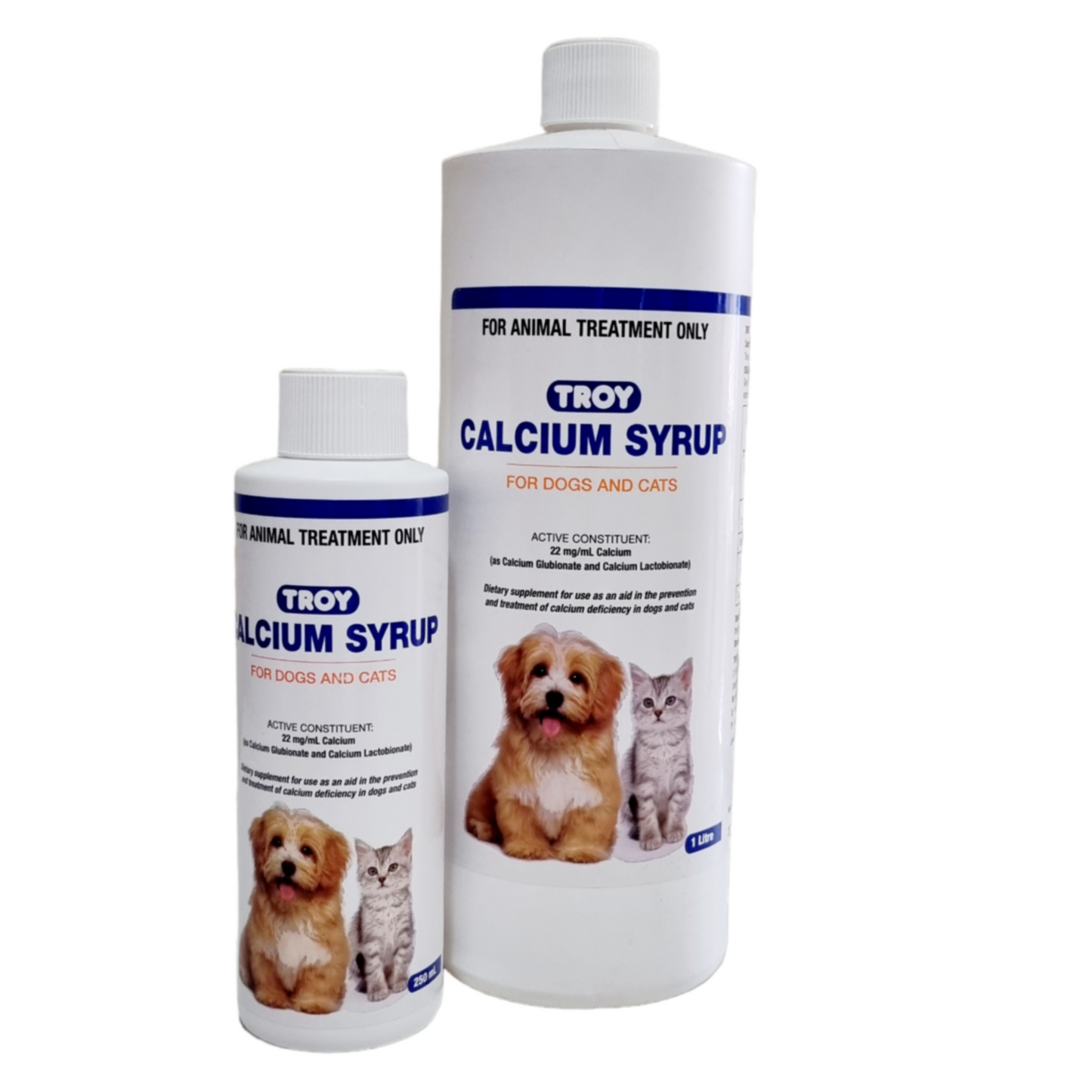 Two bottles of Troy Calcium Syrup for dogs and cats, one smaller bottle and one larger bottle with labels showing ingredients and instructions.