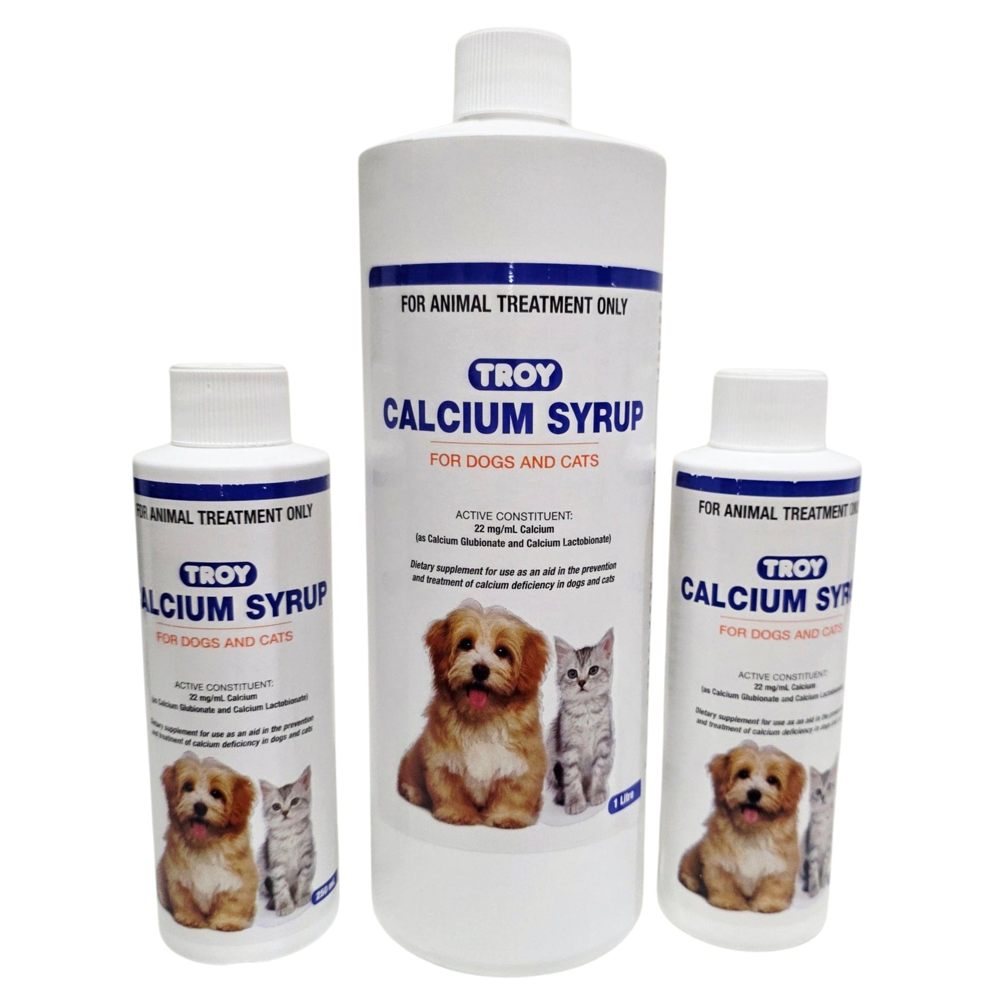 Three bottles of Troy Calcium Syrup for dogs and cats on a white background
