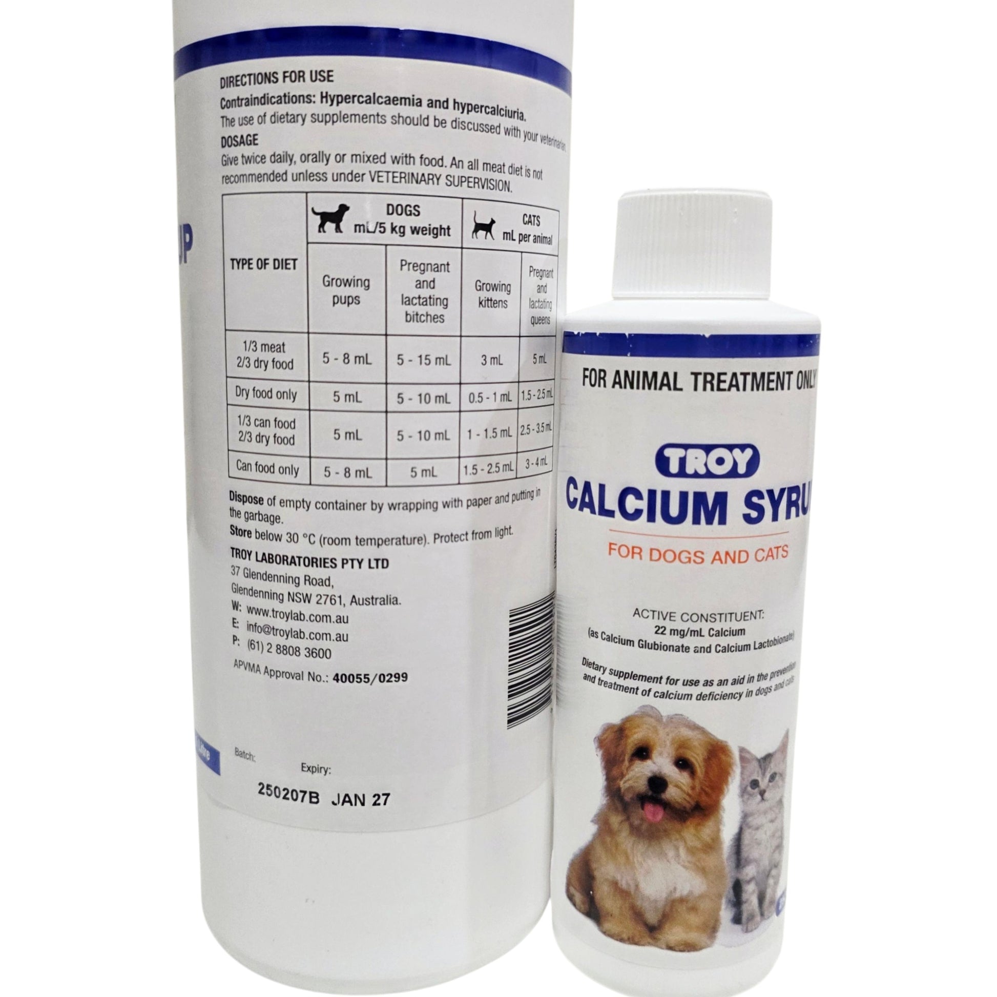 Two bottles of Troy Calcium Syrup for dogs and cats on a white background