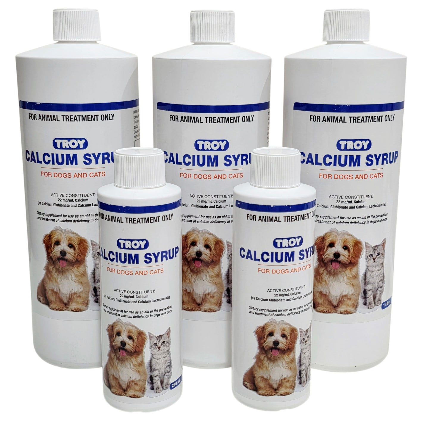 Multiple bottles of Troy Calcium Syrup for dogs and cats on a white background
