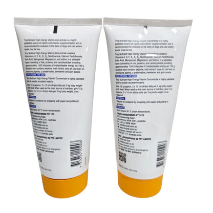 Two tubes of Troy Nutripet nutritional supplement with labels and barcodes on a white background