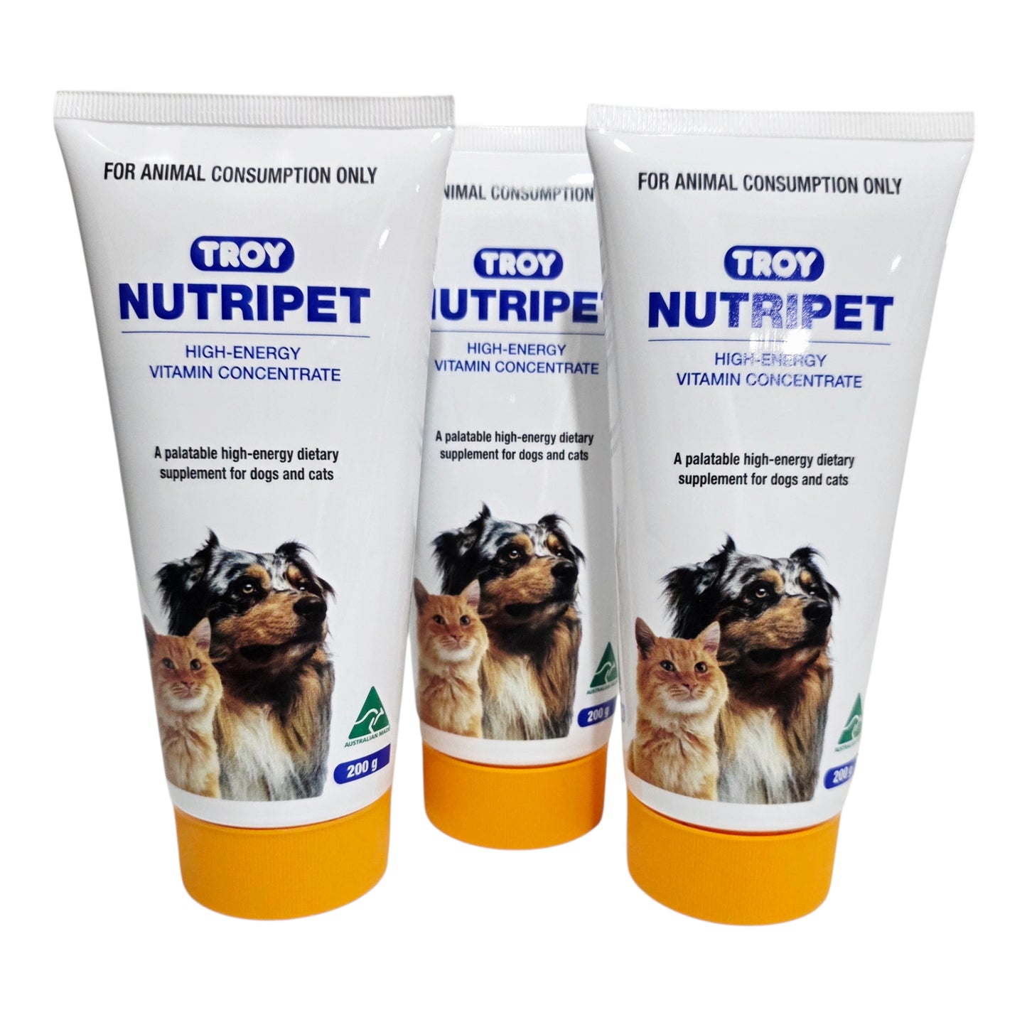 Three tubes of Troy Nutripet High-Energy Vitamin Concentrate for animals on a white background.