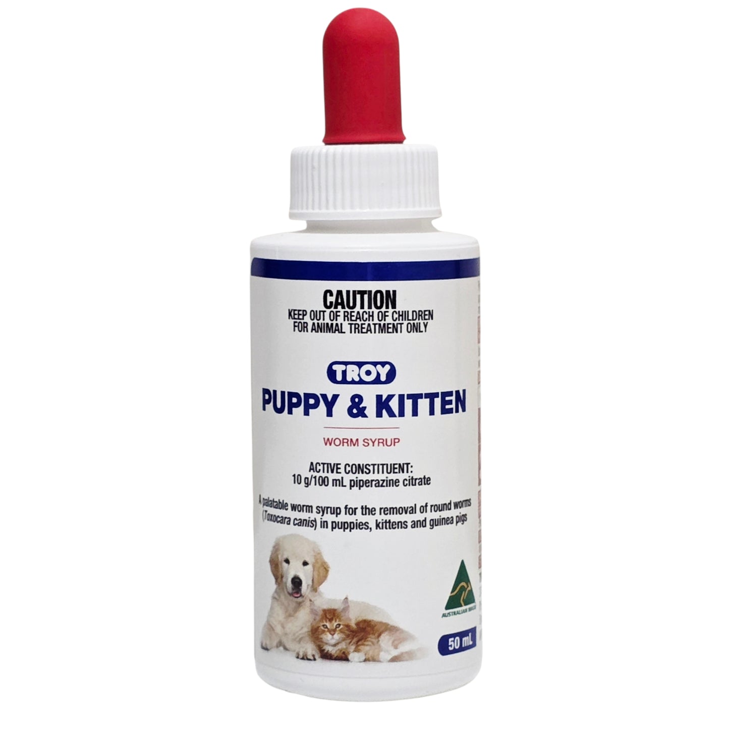 Troy Puppy & Kitten Worm Syrup bottle with a red cap on a white background