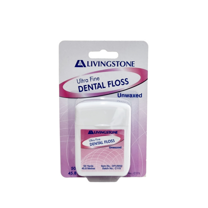 Packaging of Livingstone Ultra Fine Dental Floss, unwaxed, with 50 yards marked on the package.