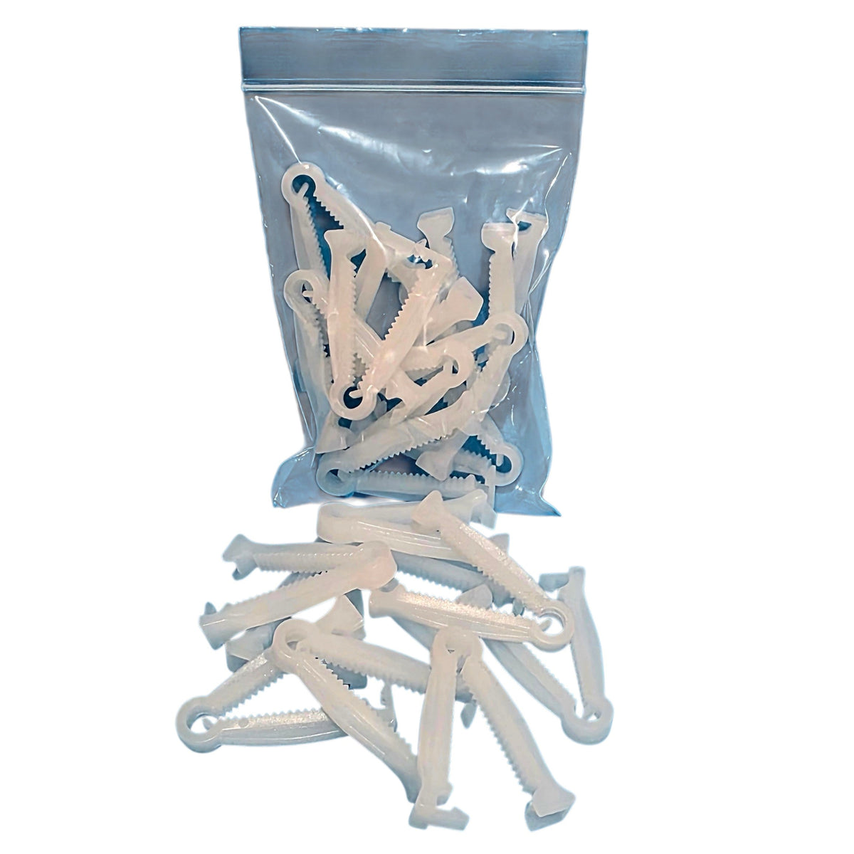 Umbilical Cord Clamps and  Packgingon a white background.