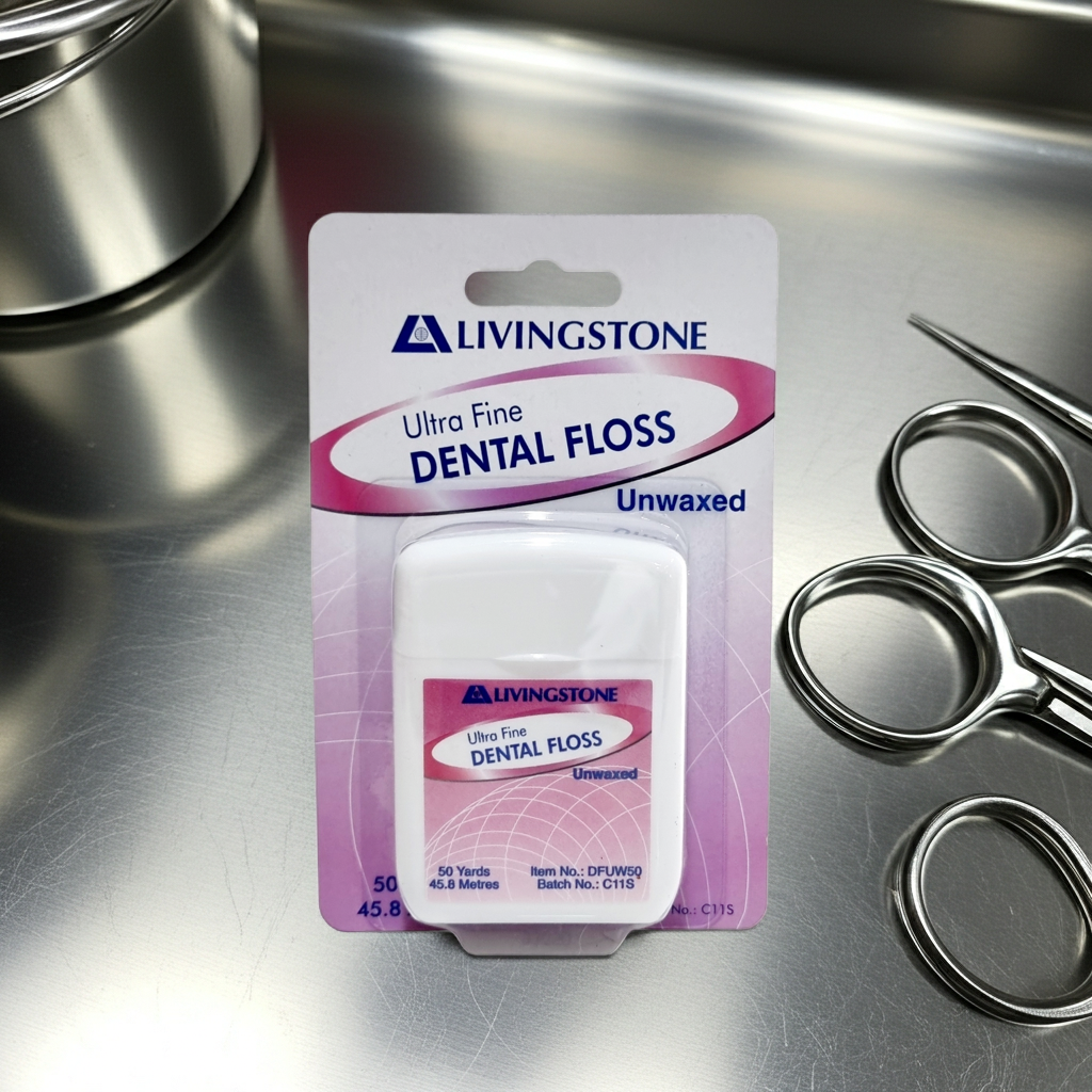 A package of Livingstone Ultra Fine Dental Floss, Unwaxed, displayed on a stainless steel surface next to dental scissors.