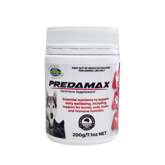 A container of PREDAMAX Carnivore Supplement for pets, with a picture of a dog and text highlighting the product's benefits for carnivorous animals.
