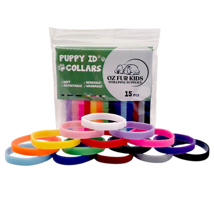 Fifteen assorted colorful Velcro Puppy ID Collars with a packaging labeled 'Puppy ID Collars' by OZ Fur Kids on a white background.