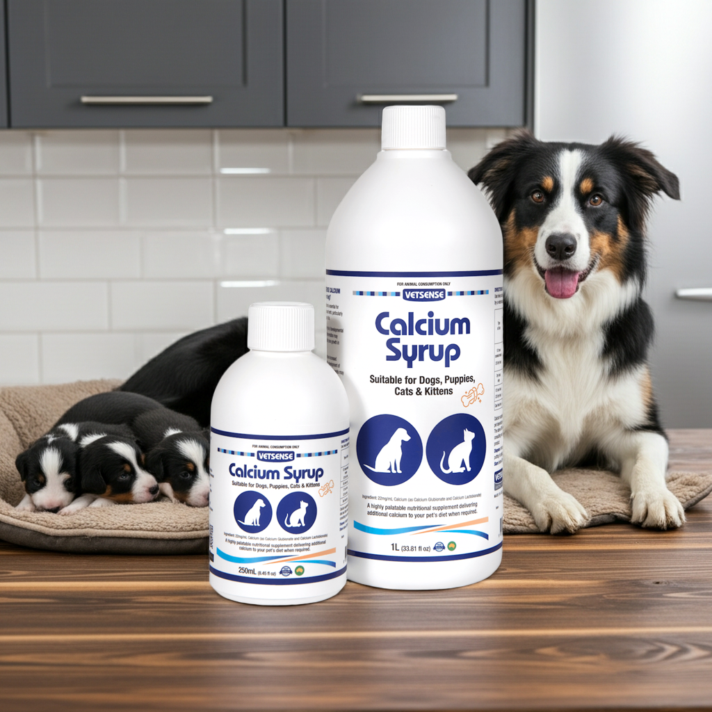 Two bottles of Vetsense Calcium Syrup for pets on a floor with a dog and puppies in the background.