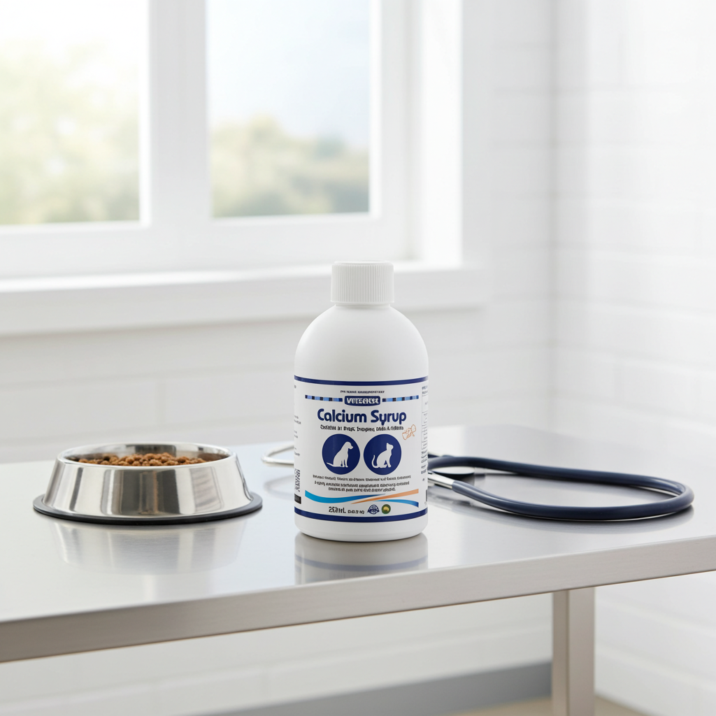 Bottle of calcium syrup on a veterinary examination table with a stethoscope and food bowl in the background.