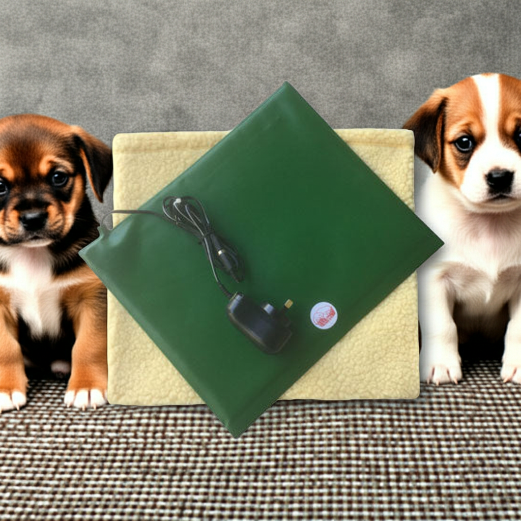 Warm.A.Pet-Heat pad on a checkered surface, flanked by two puppies.