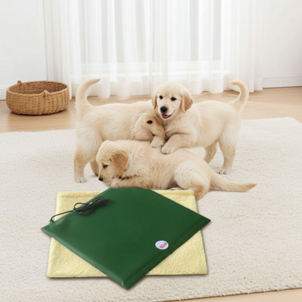 Three puppies playing on a rug with a Warm.A.Pet-Heat pad nearby.